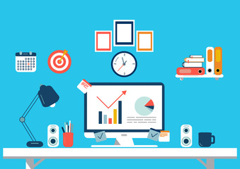 Set of flat design elements, illustration of workspace. Vector