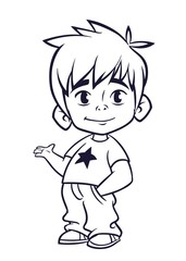 Vector illustration of small boy in man's clothes outlines. Cartoon of a young boy dressed up in a mans business suit presenting. Countur. Coloring book