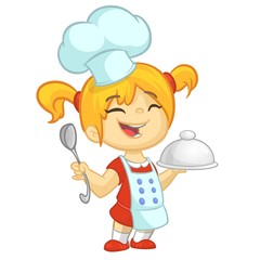 Cartoon small girl holding a tray with a dish and louche. Vector illustration of teenager girl preparing turkey and wearing upron and  chef's toque. Outlined