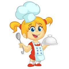 Cartoon small girl holding a tray with a dish and louche. Vector illustration of teenager girl preparing turkey and wearing upron and  chef's toque. Outline