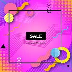 Sale abstract color poster in trendy memphis style with geometric shapes, triangle, lines, frame, pink background, shopping concept, template for banner, cover, flyer, vector illustration