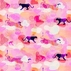 Fotobehang Eclectische stijl Roze eclectische regenwoud wilde dieren en planten camo naadloos patroon. Panter en aap in de jungle.