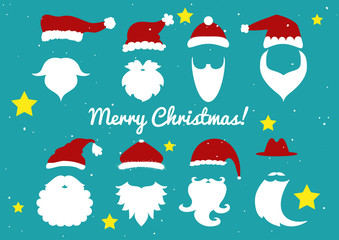 Santa hats, moustache and beards. Christmas elements for greeting design. Vector