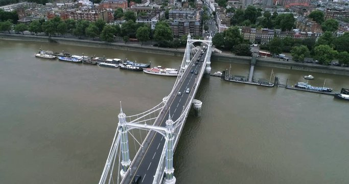 Aerial descending view of the Victorian Albert bridge in West London
