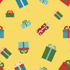 Vector illustration. Seamless background pattern Christmas and New Year concept. Giftы boxes with ribbon.