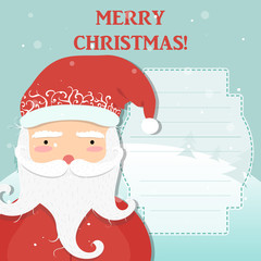 Jolly cartoon Santa Clause, winter forest background, Christmas trees and snow. Wishing a happy Christmas and New Year!