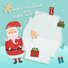 Jolly cartoon Santa Clause, winter forest background, Christmas trees and snow. Wishing a happy Christmas and New Year!