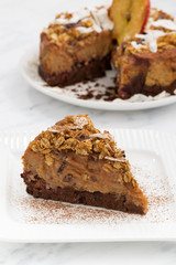 piece of apple and caramel cake, vertical