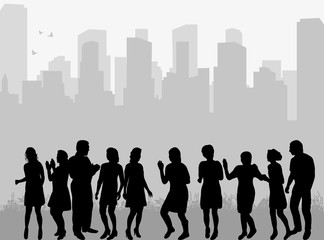 silhouette of a crowd of people dancing against a city background