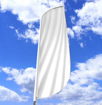 Blank white convex feather flag outdoor advertising shield flag banner or vertical wind banner mock up template isolated on sky background.