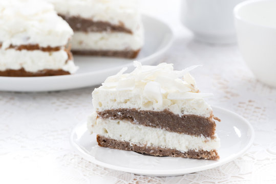 piece of delicious chocolate cake with coconut cream