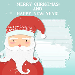 Jolly cartoon Santa Clause, winter forest background, Christmas trees and snow. Wishing a happy Christmas and New Year!