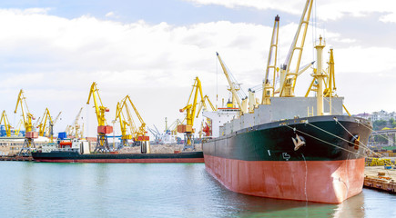 Bulk carrier ship in the port on loading. Bulk cargo ship under port crane bridge. Panorama of the...