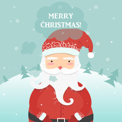 Jolly cartoon Santa Clause, winter forest background, Christmas trees and snow. Wishing a happy Christmas and New Year!