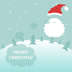 Fototapeta na wymiar Christmas vector illustration. New Year Concept.Jolly cartoon Santa Clause, winter forest background, Christmas trees and snow.