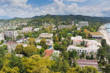 Fototapeta premium Day aerial cityscape of Sukhum downtown, Abkhazia in summer from the roof