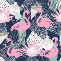 Abstracte print met flamingo en willekeurige elementen. Naadloos patroon in retro stijl. Tropische vectorillustratie