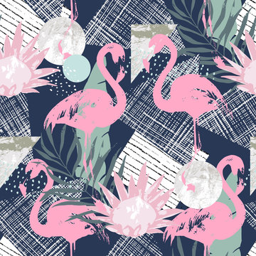 Abstract print with  flamingo and random elements. Seamless pattern in retro style. Tropical vector  illustration