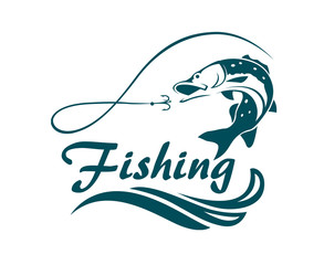fishing emblem with pike, waves and hook