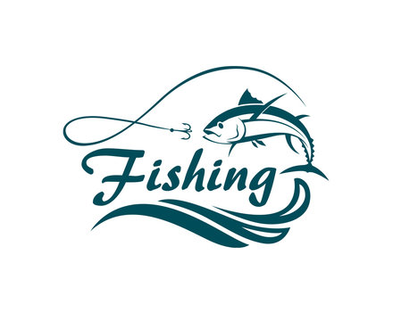 fishing emblem with tuna, waves and hook