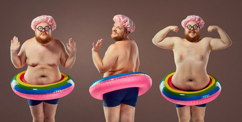 Collage fat funny man in a swimsuit with an inflatable circle.