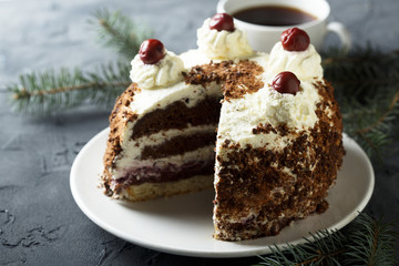 Chocolate and whipped cream cake with cherries