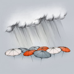 Starker Regen aus Wolke regnet auf Regenschirme