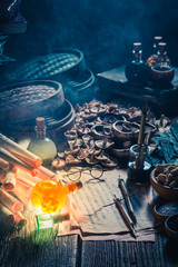 Looking for umami taste in vintage alchemist laboratory
