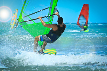 down view of Windsurfing prepare to catch the wave