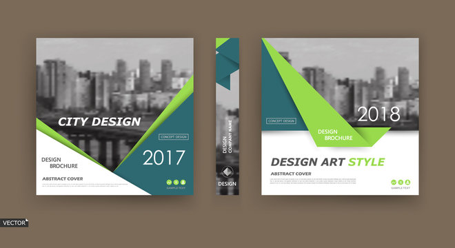 A4 brochure cover design. Template for info banner, business card, title sheet model set, flyer, ad text font. Modern vector front page art with urban city river bridge. Green, turquoise triangle icon
