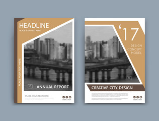 Abstract a4 brochure cover design. Template for banner, business card, title sheet model set, flyer, ad text font. Modern vector front page art with urban city river bridge. Lines, brown figures icon