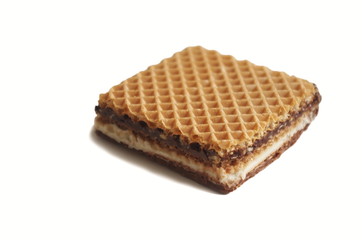 Crispy chocolate milk-hazelnut wafer. Sweet protein chocolate energy snack.