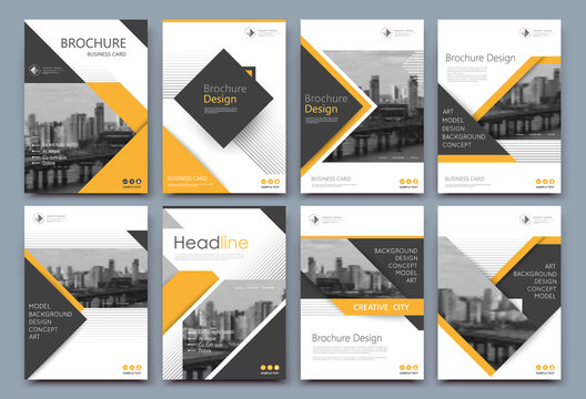 Abstract a4 brochure cover design. Template for banner, business card, title sheet model set, flyer, ad text font. Modern vector front page art with urban city river bridge. Lines, yellow figures icon
