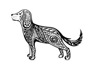Dog is a symbol of the 2018 Chinese New Year. Sketch in Doodle style. Design for greeting cards, calendars, banners, posters, invitations.