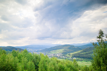 Beautiful rural landscape in the mountains. Carpathian Mountains, Ukraine. Concept ecology protection. Explore the world's beauty.