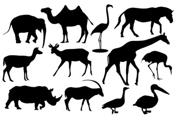 Wild animals and birds. Black silhouette icons