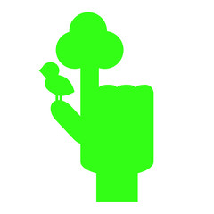 Tree symbol by hand. Tree and bird logo. Neon green hand for environment or ecological problem.