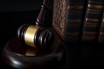Legal system, due process  and courtroom documents and evidence concept with closeup on a judge...