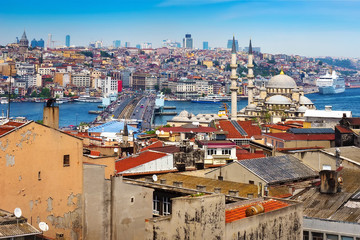 Istanbul view, Turkey. Moscue with minaret, old town, Bosphorus, part of Golden Horn, City and the cruise liner at the pier. View from the roof of the mescidi Valide Hani