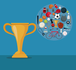 color background with golden cup trophy and icons of elements sports in circular frame vector illustration