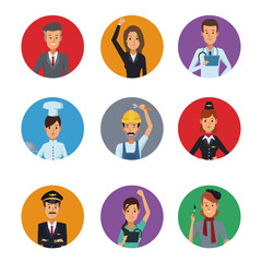 white background with colorful circular frame icons group people of different professions vector illustration
