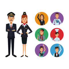 white background with full body couple pilot and stewardess with set circular frame icons group people of different professions vector illustration