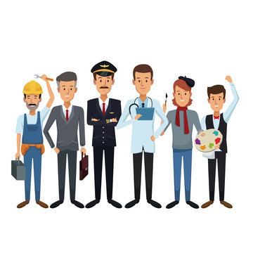 white background with group male people of different professions vector illustration