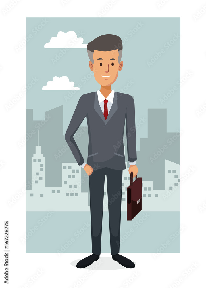 Wall mural monochrome city landscape frame background with colorful full body businessman vector illustration