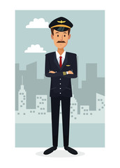 monochrome city landscape frame background with colorful full body bearded man pilot vector illustration