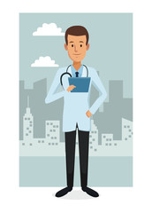 monochrome city landscape frame background with colorful full body doctor male vector illustration
