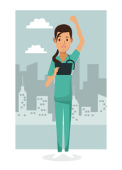 monochrome city landscape frame background with colorful full body nurse female vector illustration