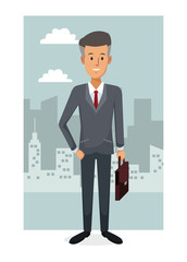 monochrome city landscape frame background with colorful full body businessman vector illustration