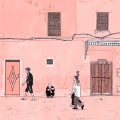 Illustration of people walking down street, Marrakech, Morocco 