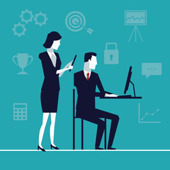 color background with team of executives with tech device in office vector illustration